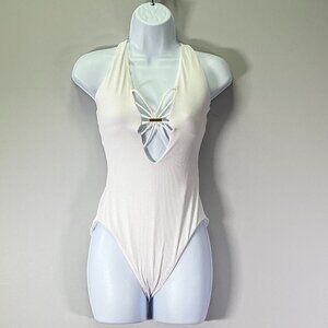 BECCA Modern Edge Haley Plunge Women's Size M White One-Piece Swimsuit NWT
